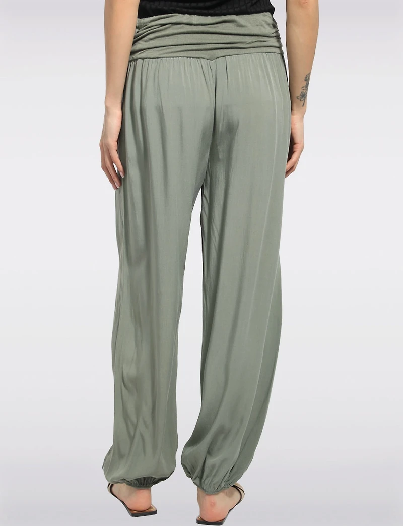Solid Flowy Ruched Waist Band and Elastic Hem Balloon Pants by Froccella