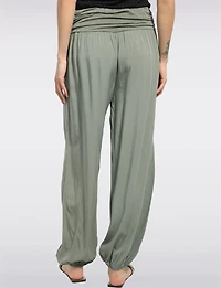Solid Flowy Ruched Waist Band and Elastic Hem Balloon Pants by Froccella