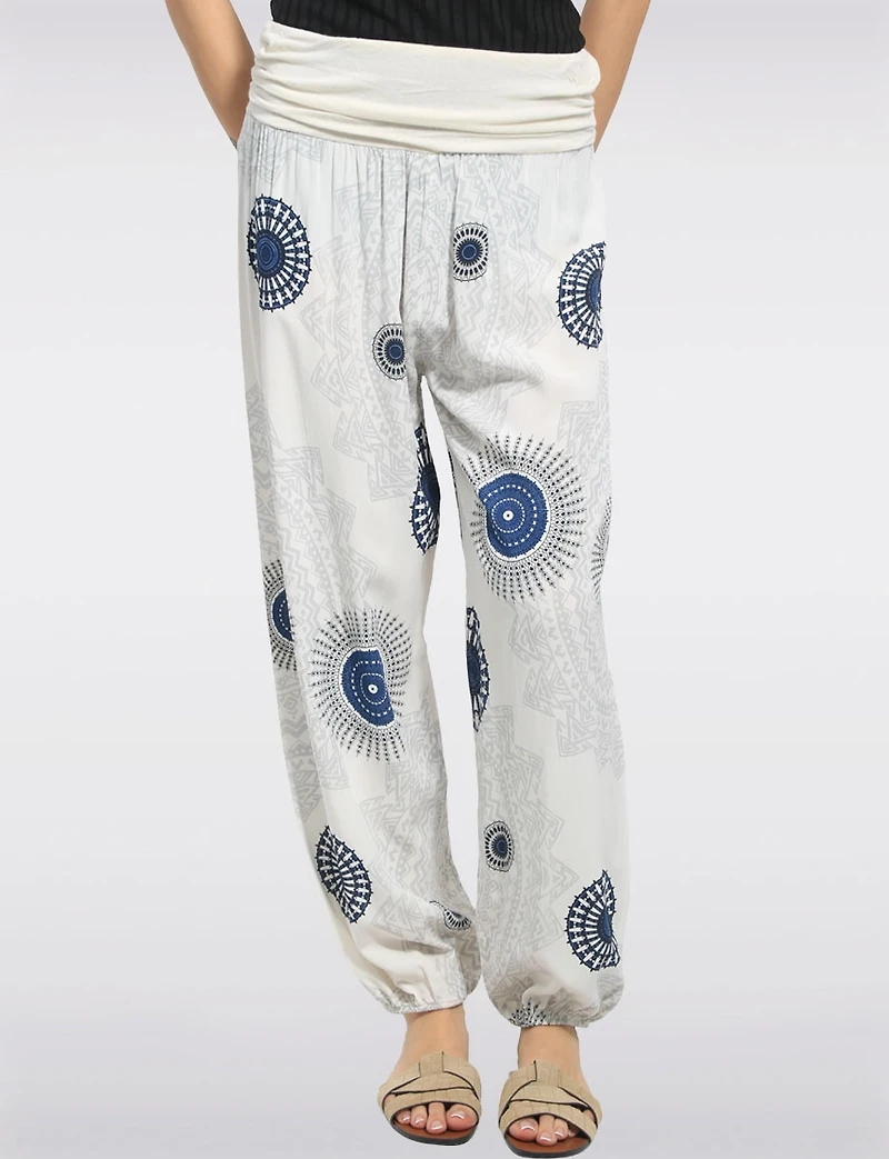 Flowy Ruched Waistband Elastic Hem Circular Print Balloon Pants by Froccella