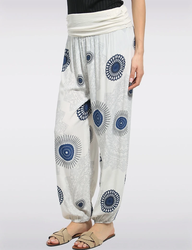 Flowy Ruched Waistband Elastic Hem Circular Print Balloon Pants by Froccella