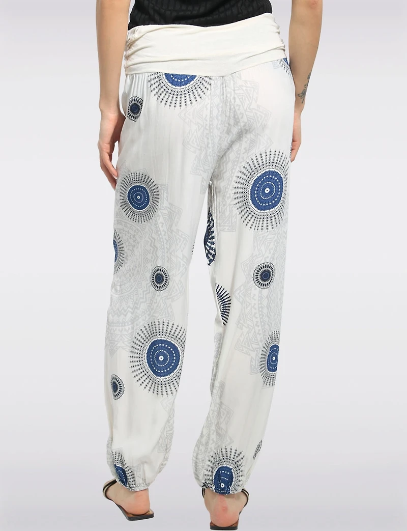 Flowy Ruched Waistband Elastic Hem Circular Print Balloon Pants by Froccella