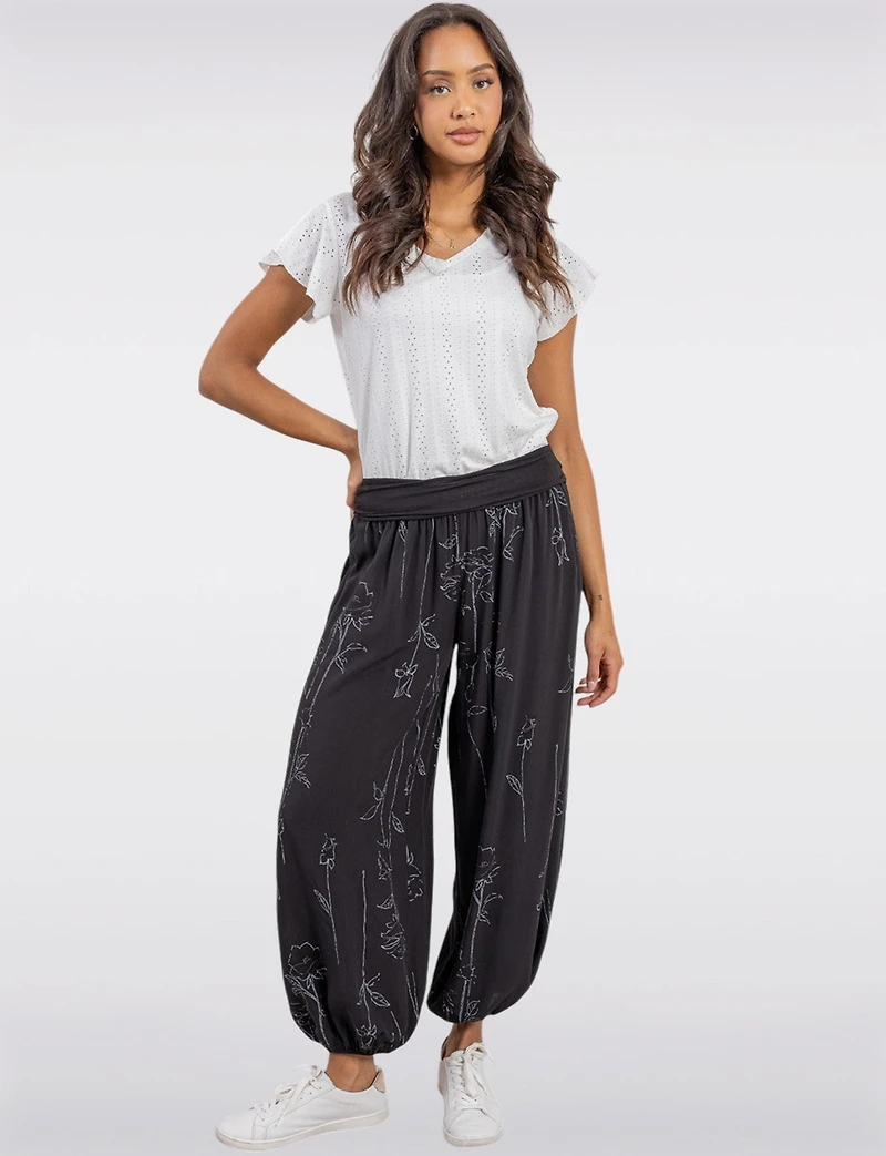 Flowy Ruched Waistband Elastic Hem Floral Print Balloon Pants by Froccella