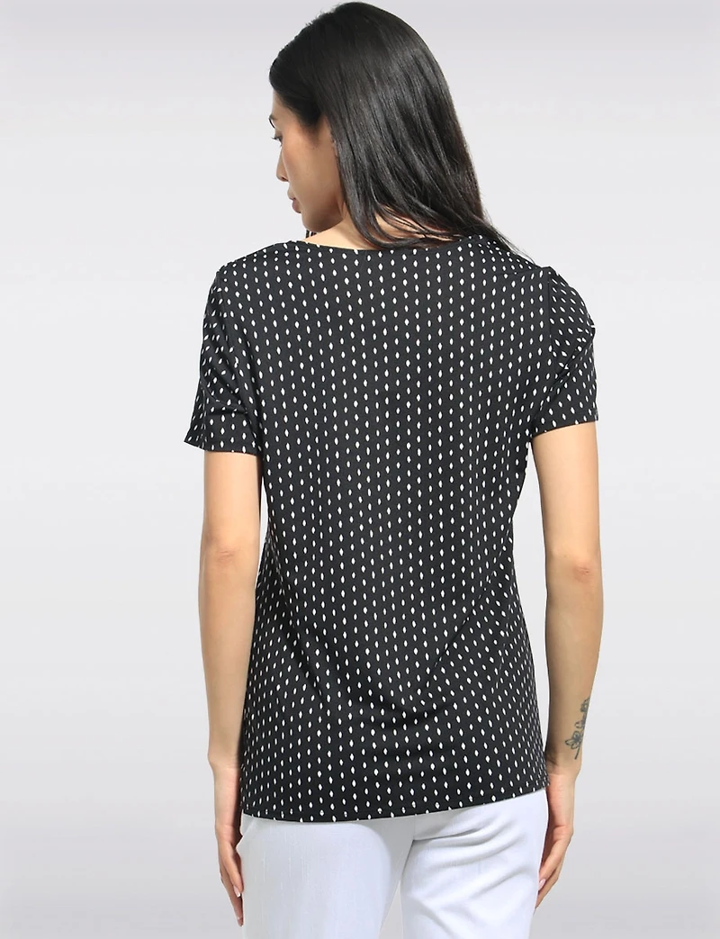 Relaxed Stretch Knit Short Sleeve Top with Scoop-Neck & Micro-Dot Print by Perle
