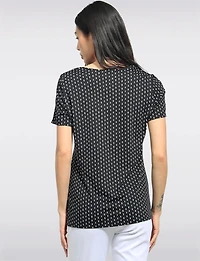Relaxed Stretch Knit Short Sleeve Top with Scoop-Neck & Micro-Dot Print by Perle