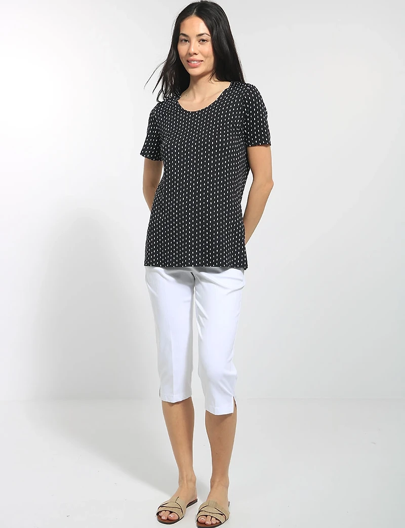 Relaxed Stretch Knit Short Sleeve Top with Scoop-Neck & Micro-Dot Print by Perle