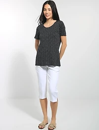 Relaxed Stretch Knit Short Sleeve Top with Scoop-Neck & Micro-Dot Print by Perle