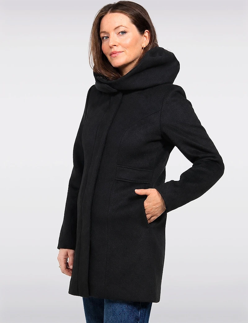 Straight Cut Zip Front Vegan Wool Hooded Mid-length Coat & Pockets by Point Zero