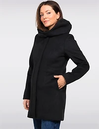 Straight Cut Zip Front Vegan Wool Hooded Mid-length Coat & Pockets by Point Zero