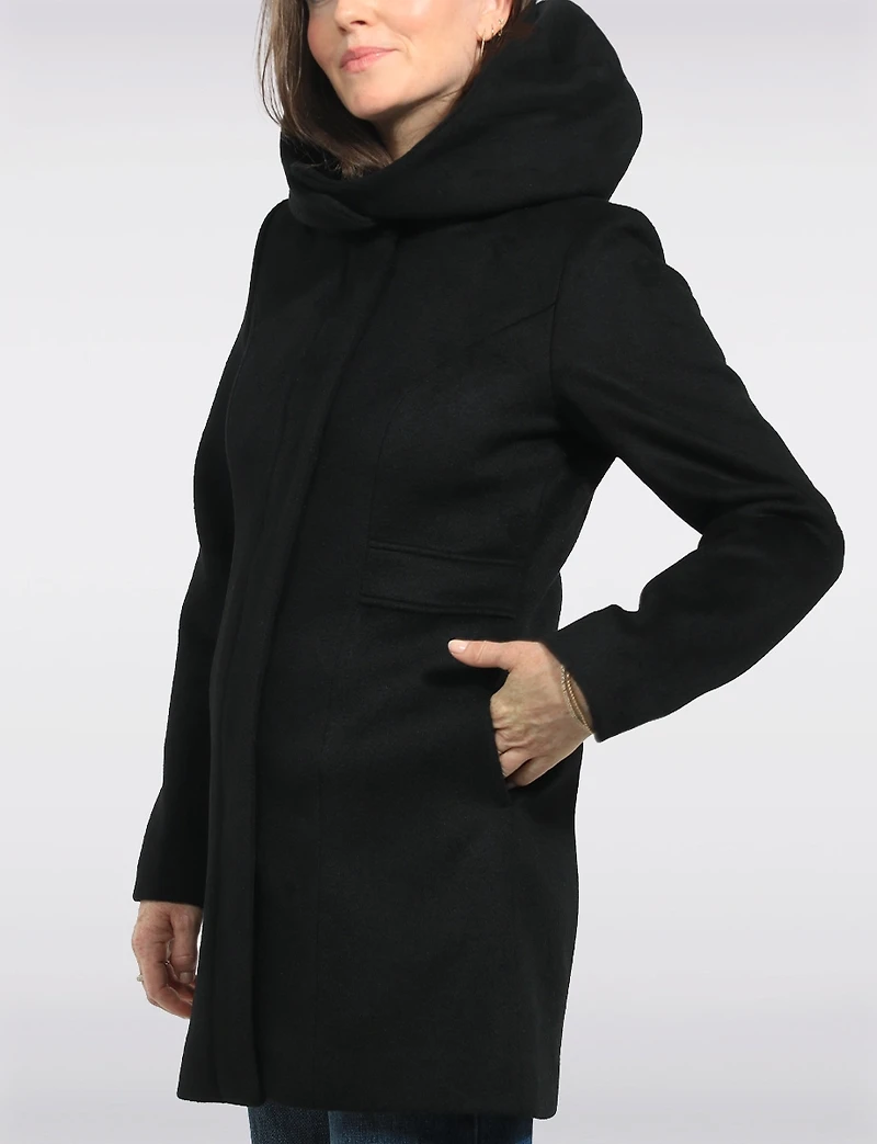 Straight Cut Zip Front Vegan Wool Hooded Mid-length Coat & Pockets by Point Zero