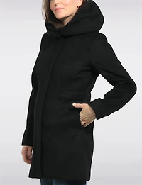 Straight Cut Zip Front Vegan Wool Hooded Mid-length Coat & Pockets by Point Zero