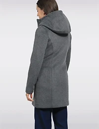 Straight Cut Zip Front Vegan Wool Hooded Mid-length Coat & Pockets by Point Zero