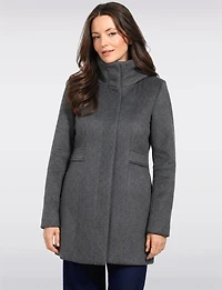 Straight Cut Zip Front Vegan Wool Hooded Mid-length Coat & Pockets by Point Zero