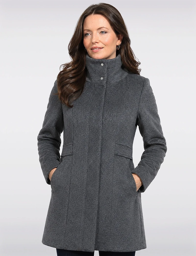 Straight Cut Zip Front Vegan Wool Hooded Mid-length Coat & Pockets by Point Zero