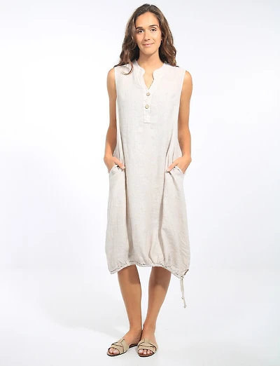 Loose Fit Sleeveless Linen Midi-Dress with Split Neck & Buttons by Froccella