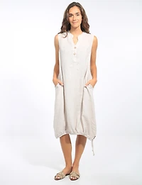 Loose Fit Sleeveless Linen Midi-Dress with Split Neck & Buttons by Froccella