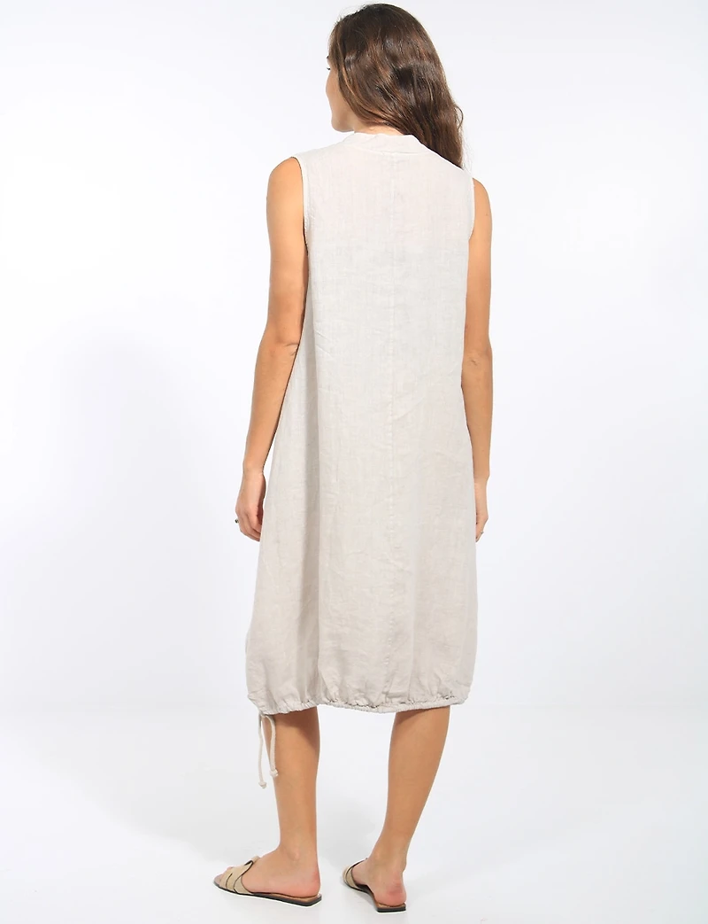 Loose Fit Sleeveless Linen Midi-Dress with Split Neck & Buttons by Froccella