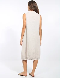 Loose Fit Sleeveless Linen Midi-Dress with Split Neck & Buttons by Froccella