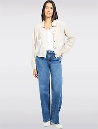Eyelet Embroidered Linen Jacket with Frayed Hem & Sequin Pockets by Froccella