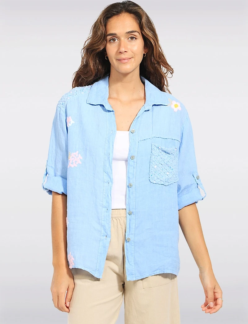 Floral Embroidered Linen 3/4-Sleeve Shirt with Eyelet Chest Pocket by Froccella