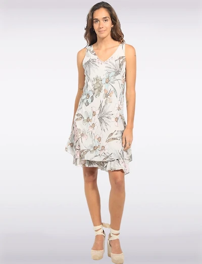 Watercolor Floral Sleeveless V-Neck Double-Layered Shift Dress by Froccella
