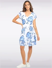 Slim Fit Floral V-Neck Short Sleeve Two-Tiered Knee-Length Dress by Froccella