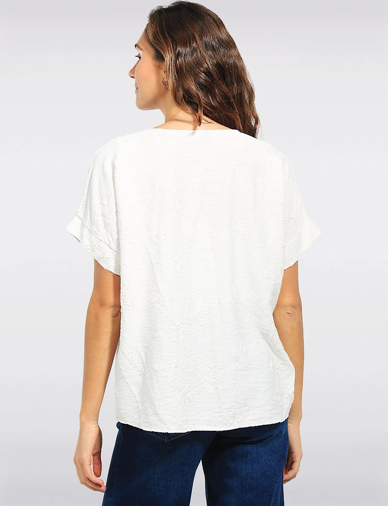 Delicate Embroidered Short Sleeve Cotton Top Cropped High-Low Hem by Froccella
