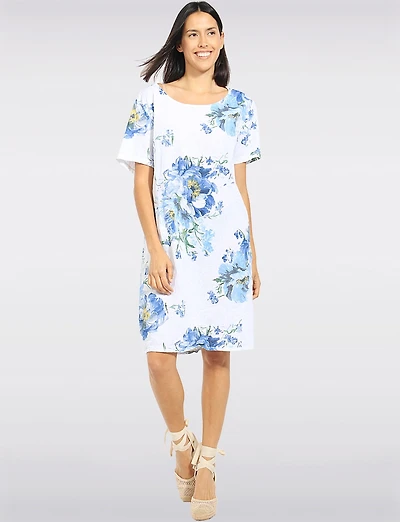 Floral Linen Short Sleeve Dress with Knit Back Trim & Pockets by Froccella