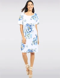 Floral Linen Short Sleeve Dress with Knit Back Trim & Pockets by Froccella