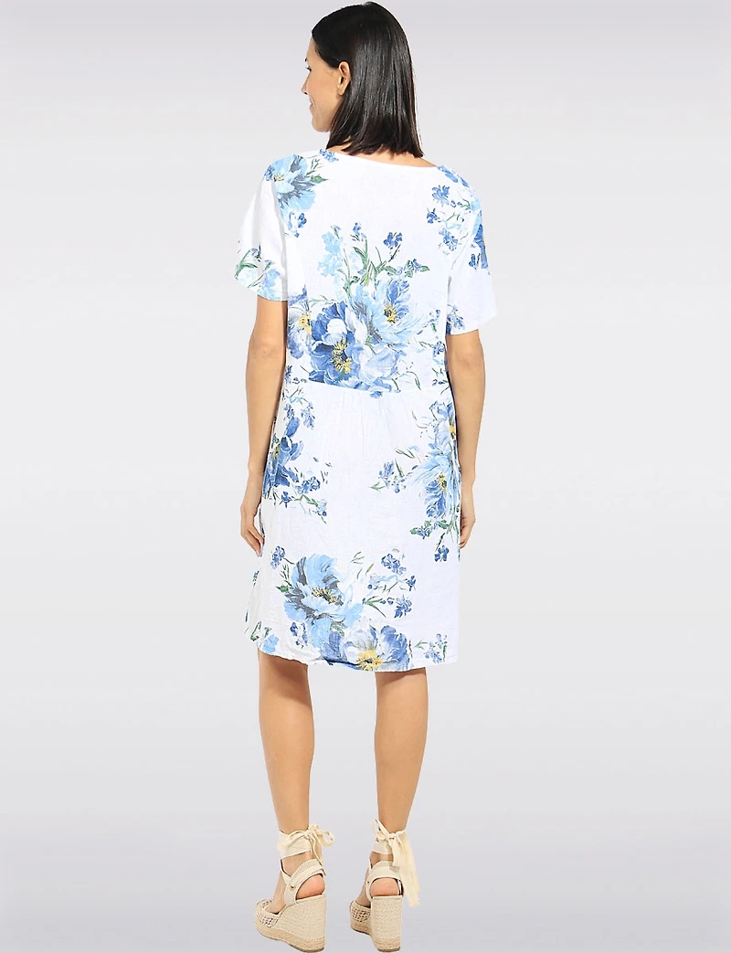 Floral Linen Short Sleeve Dress with Knit Back Trim & Pockets by Froccella
