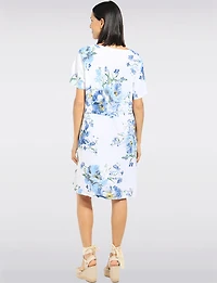 Floral Linen Short Sleeve Dress with Knit Back Trim & Pockets by Froccella