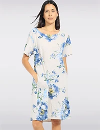 Floral Linen Short Sleeve Dress with Knit Back Trim & Pockets by Froccella