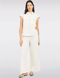 Lightweight Striped Relaxed-Fit Wide-Leg Cotton Pull-On Pants with Front Pockets