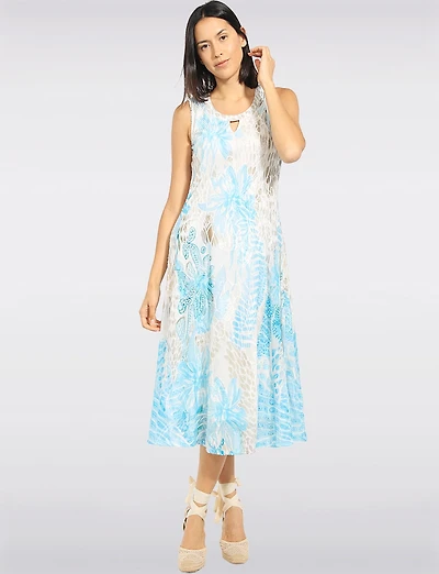 Sky Blue Botanical Print Sleeveless Sheer Mesh A-Line Midi Dress with Lining