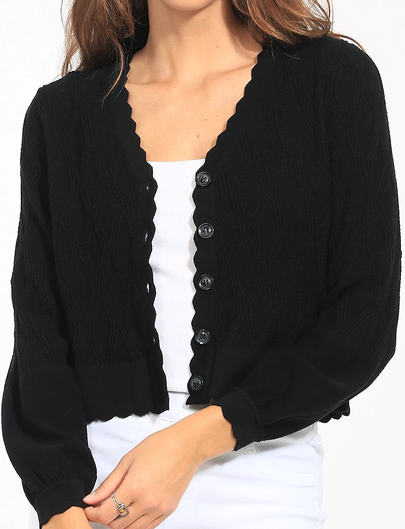 Diamond Knit Cropped Cardigan with Scalloped Edge by Elena Wang