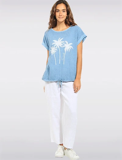 Flowy Palm Tree Rhinestone Print Cotton Linen Drawstring Hem Top by Froccella