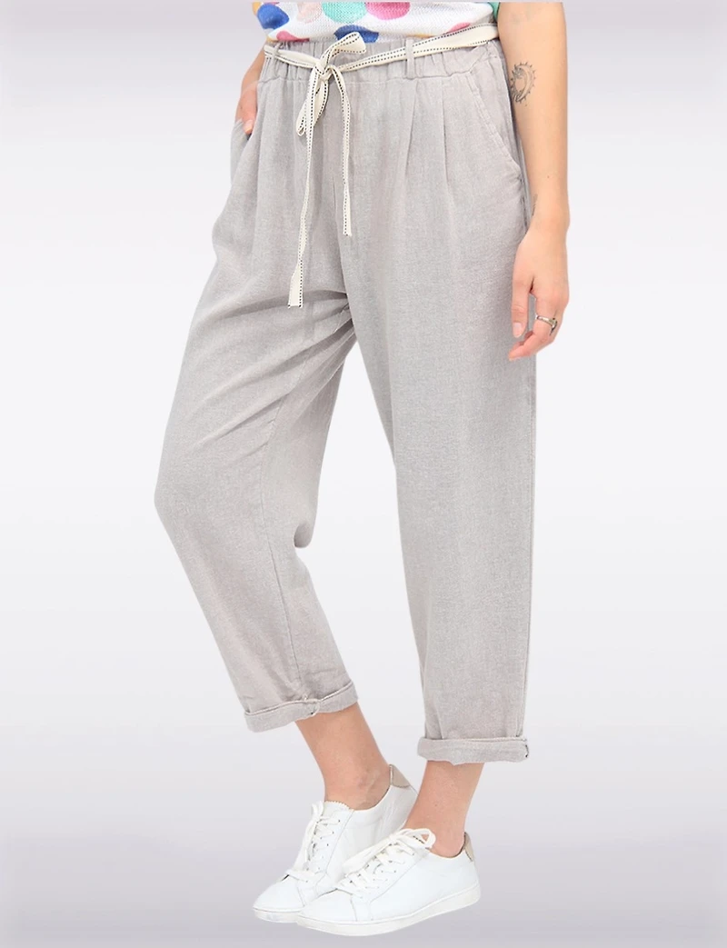 Linen Blend High Waisted Pleat Front Belted Straight Leg Pants by Froccella