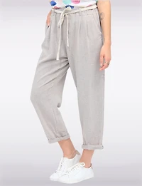 Linen Blend High Waisted Pleat Front Belted Straight Leg Pants by Froccella