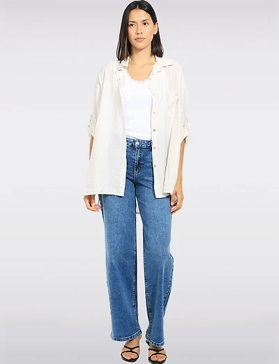 Lightweight Crinkled Button-Up Shirt with 3/4 Adjustable Sleeves by Froccella