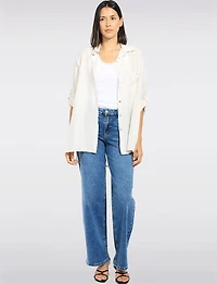 Lightweight Crinkled Button-Up Shirt with 3/4 Adjustable Sleeves by Froccella
