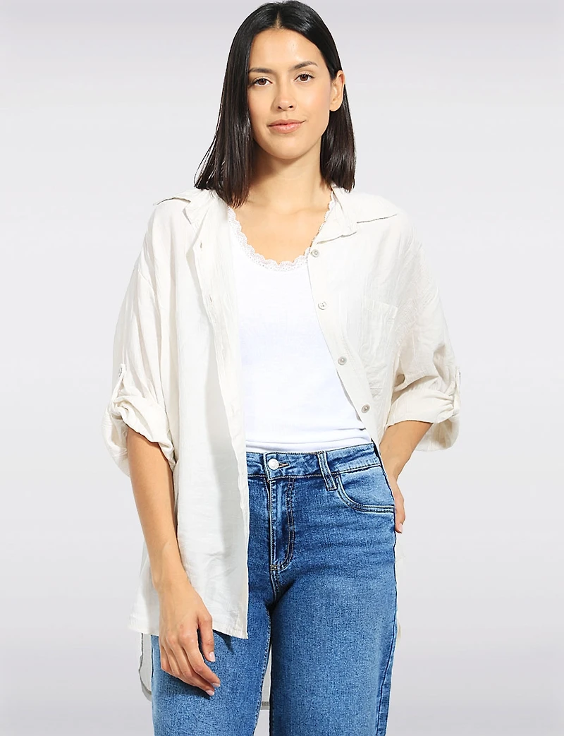Lightweight Crinkled Button-Up Shirt with 3/4 Adjustable Sleeves by Froccella