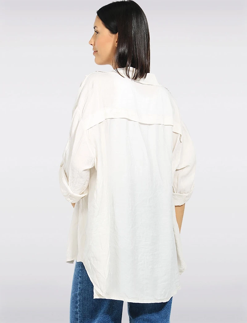 Lightweight Crinkled Button-Up Shirt with 3/4 Adjustable Sleeves by Froccella
