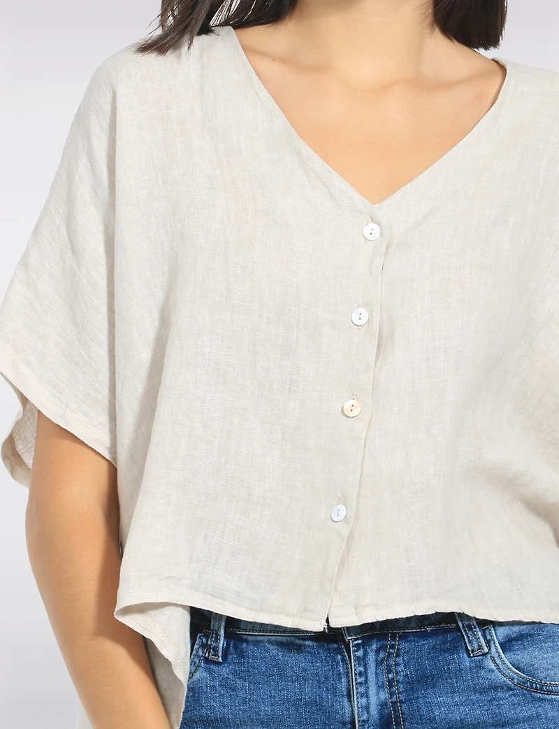 Lightweight Linen Relaxed Cropped V-Neck Shirt - Button-Front Top Froccella