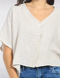 Lightweight Linen Relaxed Cropped V-Neck Shirt - Button-Front Top Froccella