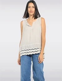 Lightweight Sleeveless Split-Neck Linen Eyelet Ruffle Hem Tunic Top by Froccella