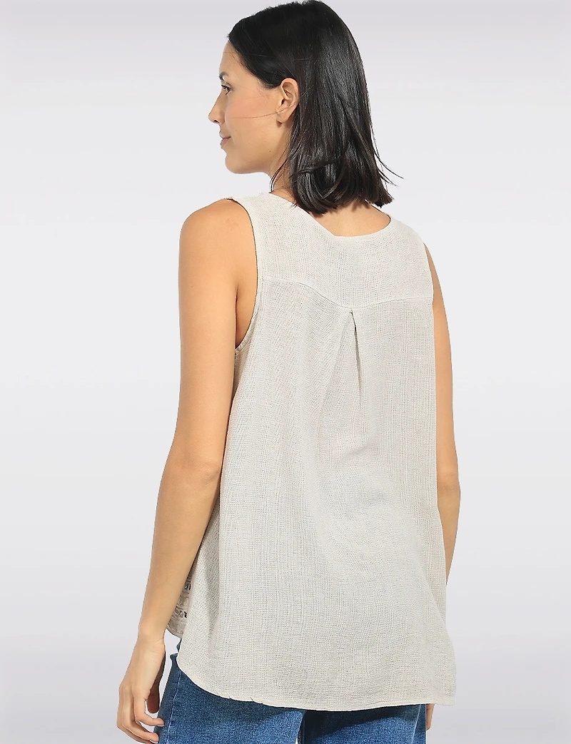 Lightweight Sleeveless Split-Neck Linen Eyelet Ruffle Hem Tunic Top by Froccella