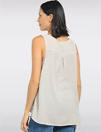 Lightweight Sleeveless Split-Neck Linen Eyelet Ruffle Hem Tunic Top by Froccella
