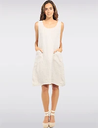 Linen Stripe Print Sleeveless Dress with Scoop Neck & Patch Pockets by Froccella