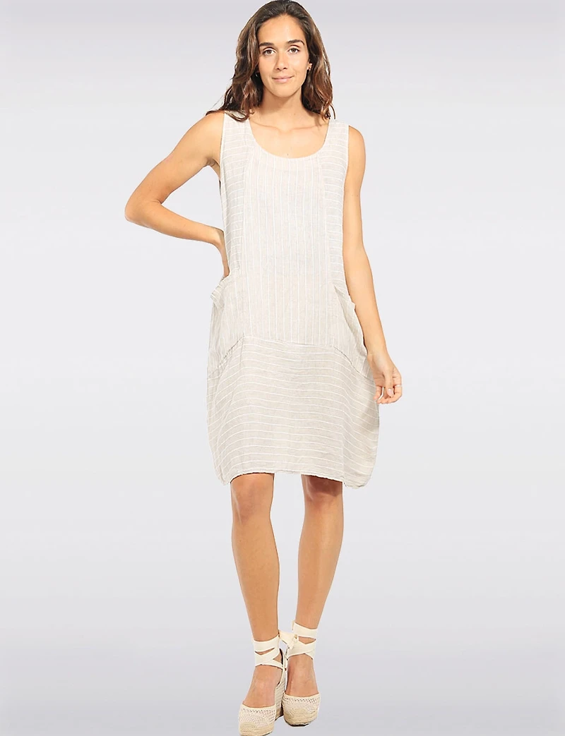 Linen Stripe Print Sleeveless Dress with Scoop Neck & Patch Pockets by Froccella