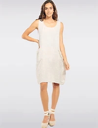 Linen Stripe Print Sleeveless Dress with Scoop Neck & Patch Pockets by Froccella
