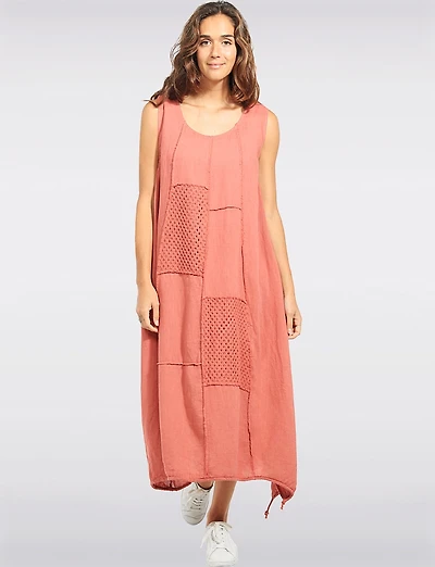 Froccella Linen Cotton Patchwork Balloon Silhouette Maxi Dress Drawstring Hem